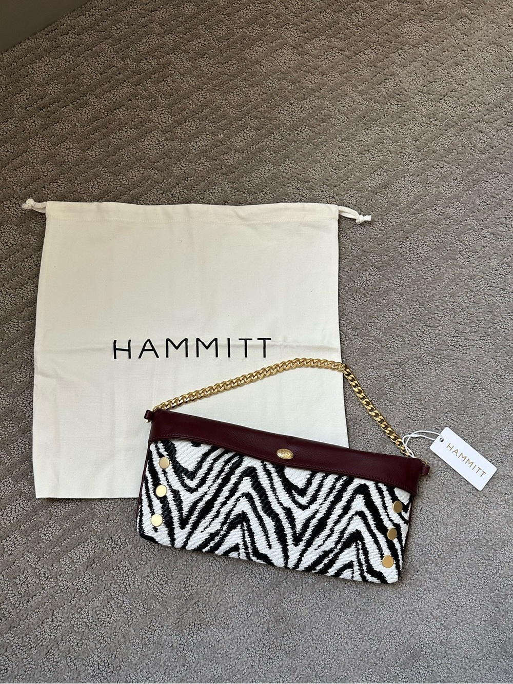 Hammitt Invitation Clutch Zebra Raffia Oxblood Leather Gold Chain New With Tags - Picture 2 of 15
